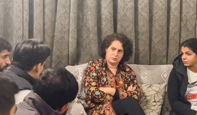 Congress leader Priyanka Gandhi Vadra interacts with wrestlers in New Delhi | PTI
