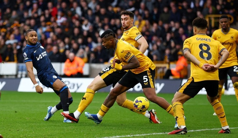 Chelsea's Christopher Nkunku shoots at goal against Wolves | Reuters