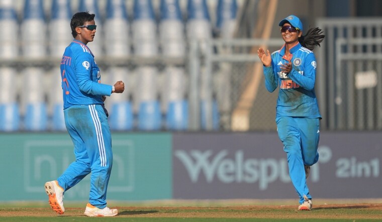 Indian bowler Deepti Sharma celebrates the wicket of Australian batter Tahlia McGrath | PTI