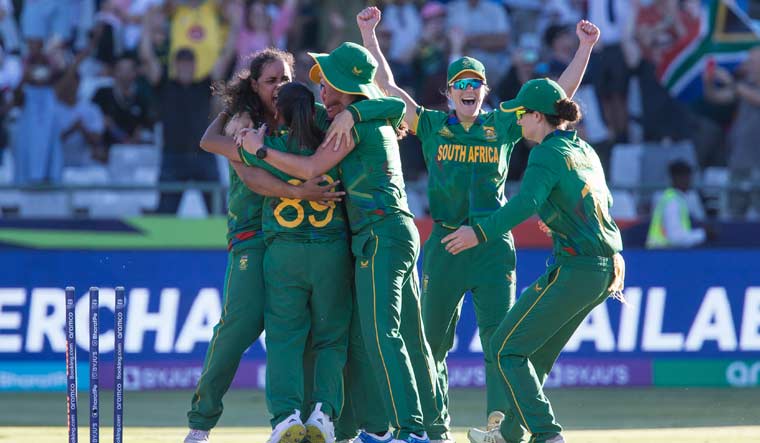 South Africa celebrate winning against Enlgand in the Women's T20 World Cup semifinal match in Cape Town | AP