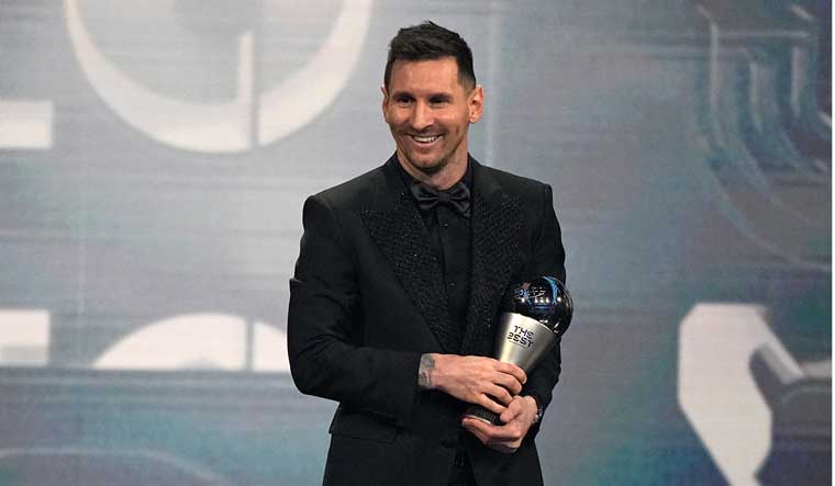 Argentina's Lionel Messi after receiving the Best FIFA Men's player award during the ceremony of the Best FIFA Football Awards in Paris | AP