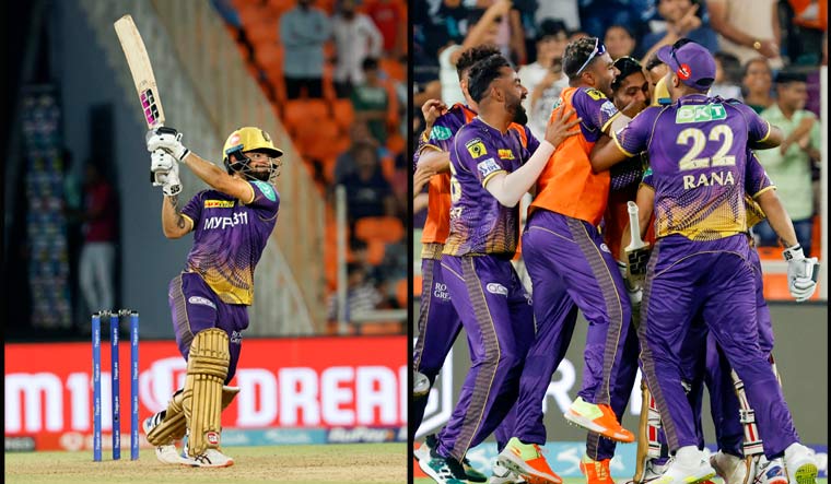 (Left) Rinku Singh plays a shot; (right) KKR players celebrate after their win