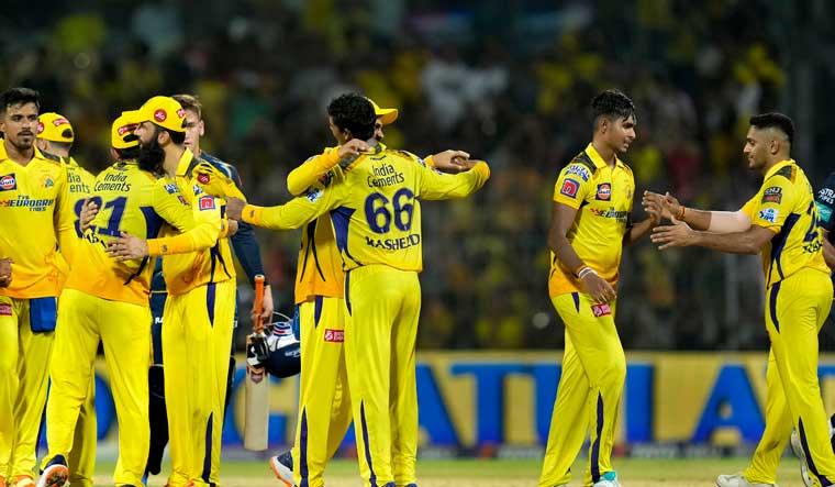 Chennai Super Kings players celebrate after winning the IPL 2023 first qualifier cricket match against Gujarat Titans, at M. A. Chidambaram Stadium in Chennai | PTI