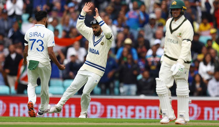 Mohammed Siraj celebrates after taking the wicket of Australia's Usman Khawaja during the WTC final at The Oval | Reuters