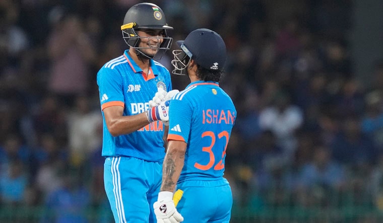 India's Ishan Kishan and Subham Gill congratulate each other after wining against Sri Lanka during the Asia Cup final cricket match in Colombo, Sri Lanka, Sunday, Sept.17, 2023. (AP Photo/Eranga Jayawardena)