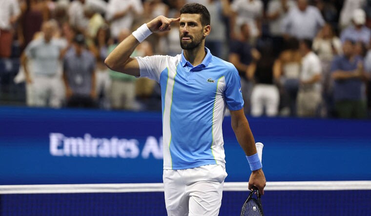 Novak Djokovic celebrates his victory against Ben Shelton in the semifinal of the 2023 US Open | AFP
