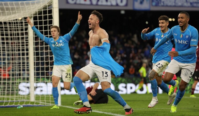 Napoli's Amir Rrahmani celebrates after scoring | AP