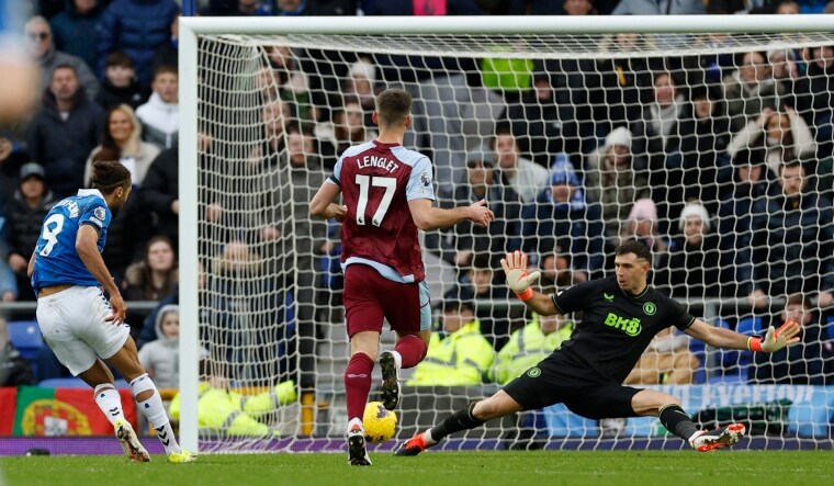 Aston Villa's Emiliano Martinez saves a shot from Everton's Dominic Calvert-Lewin | Reuters