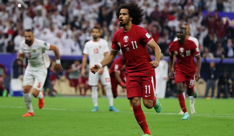 Qatar's Akram Afif celebrates scoring their second goal against Jordan | Reuters