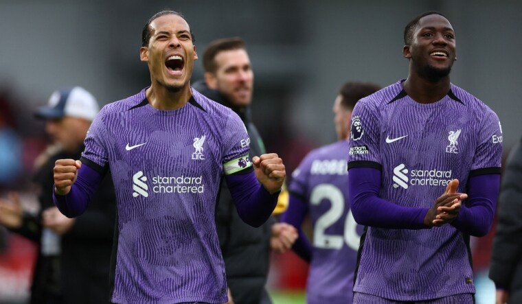 Liverpool's Virgil van Dijk and Ibrahima Konate celebrate after the match | Reuters