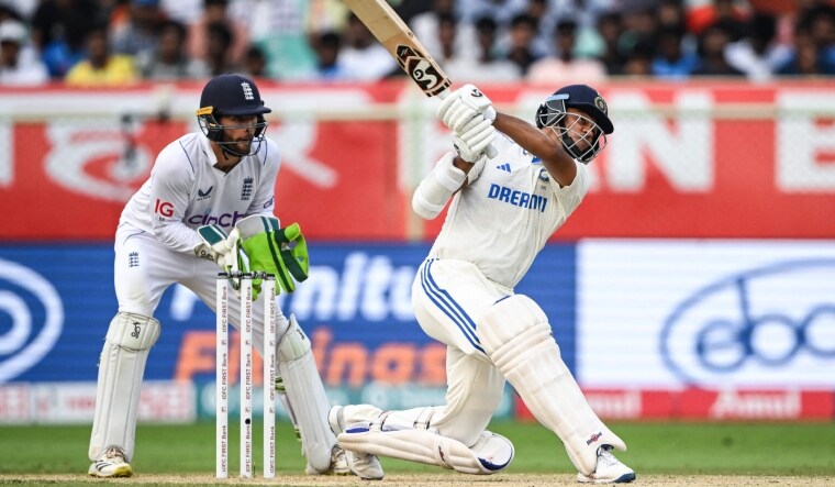 India's Yashasvi Jaiswal (R) plays a shot against England | AFP
