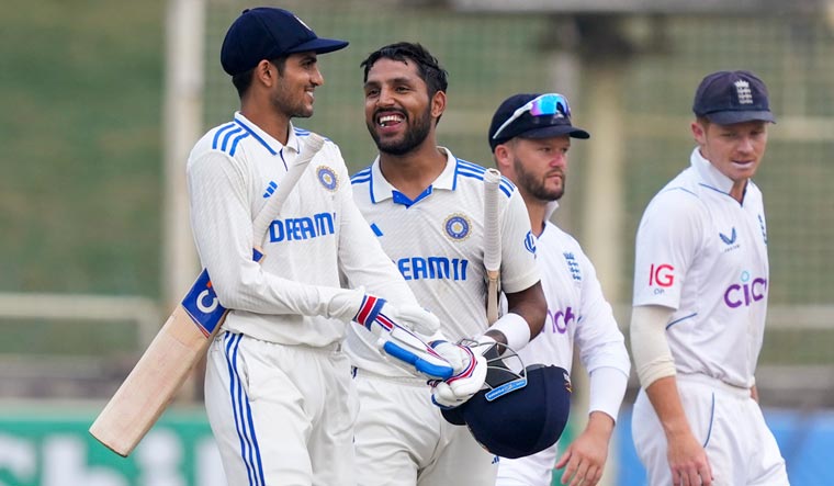 Indian batters Shubman Gill and Dhruv Jurel celebrate after India won the fourth Test match against England, in Ranchi | PTI