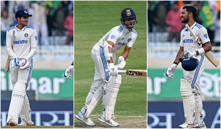 From left: Shubman Gill, Yashasvi Jaiswal  and Dhruv Jurel | AFP