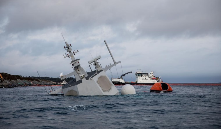 The shipwrecked Norwegian navy frigate KNM Helge Ingstad is seen in this Norwegian Coastal Administration handout picture in Oygarden, Norway | Reuters