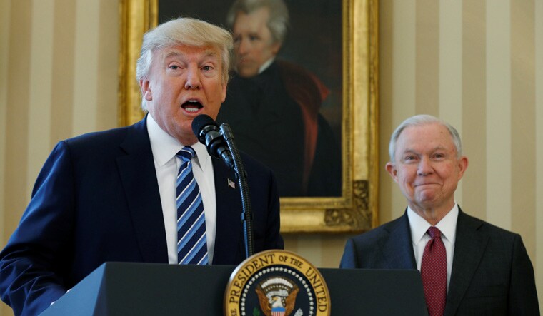 US President Donald Trump speaks at the swearing-in ceremony of Jeff Sessions in February 2017 | Reuters