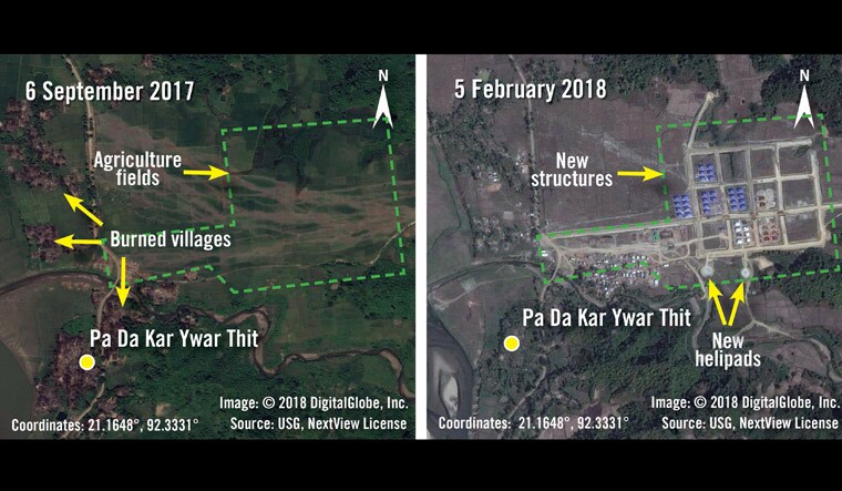 A handout combination image of two satellite photographs shows before and after images of new structures and helipads built over agricultural fields in the village of Pa Da Kar Ywar Thit in Myanmar's Rakhine State | AFP/Amnesty International/Digital Globe