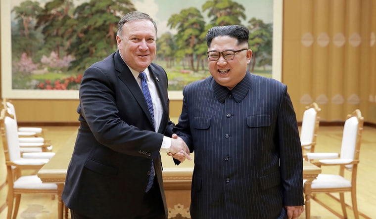 (File) North Korean leader Kim Jong Un (R) and US Secretary of State Mike Pompeo (L) shaking hands at the Workers' Party of Korea headquarters in Pyongyang | AFP PHOTO/KCNA VIA KNS
