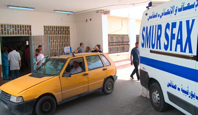 An image grab taken from an AFPTV video shows the entrance to the Habib Bourguiba University Hospital in Sfax, eastern Tunisia, to where victims of a migrant shipwreck were transported on Sunday | AFP