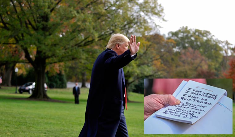 US President Donald Trump walks on the South Lawn from the White House before departing for Texas | AFP; Inset: Trump holds what appears to be a prepared statement and handwritten notes after watching testimony by US Ambassador to the European Union Gordon Sondland | Reuters