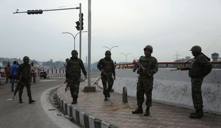 Indian Army soldiers patrol during the third day of curfew in Jammu | AP