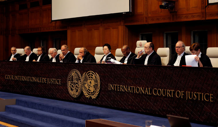 [File] Judges are seen at the International Court of Justice during the final hearing in the Kulbhushan Jadhav case in The Hague | Reuters
