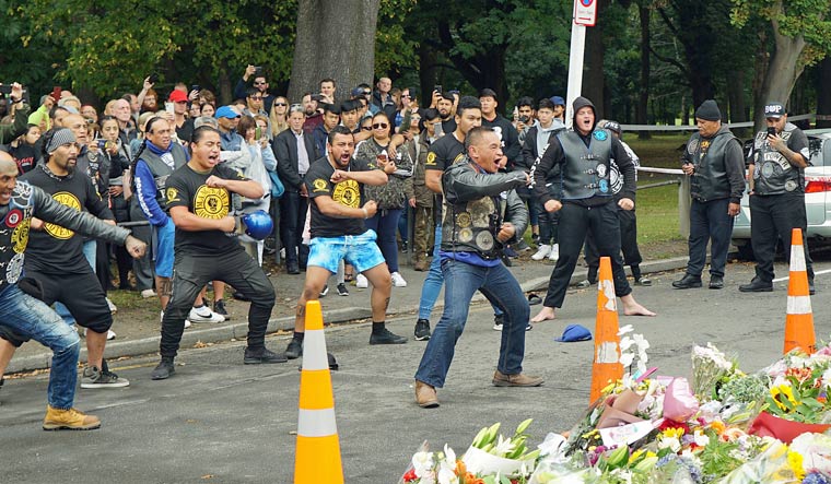 Members of a New Zealand biker gang perform the haka to honour the victims of the mosque shootings in Christchurch, New Zealand | Reuters