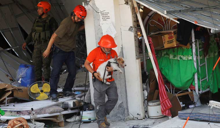 A rescuer carries a search dog as they try to reach survivors at a collapsed four-storey building | Reuters
