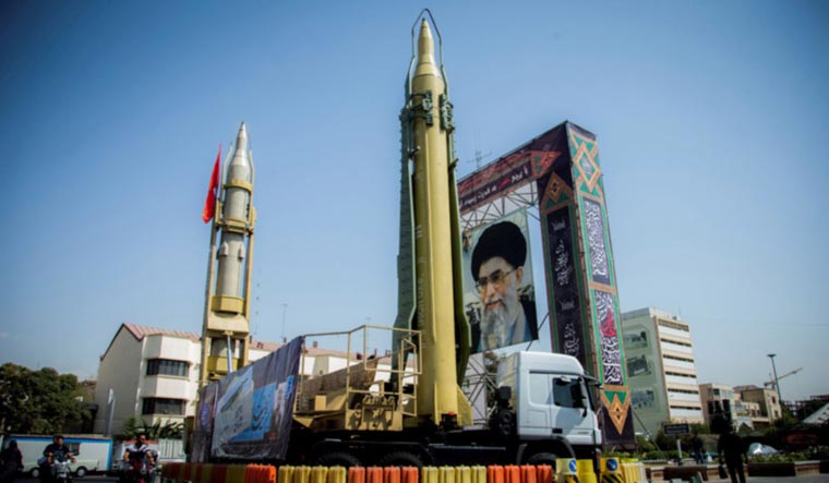 A stage depicting Iran's missiles and supreme leader Ayatollah Ali Khamenei | PTI

