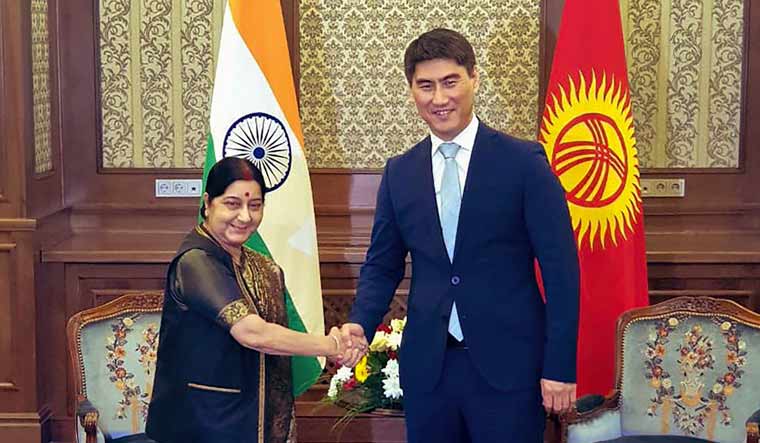 External Affairs Minister Sushma Swaraj shakes hands with Kyrgyz Foreign Minister Aidarbekov | PTI