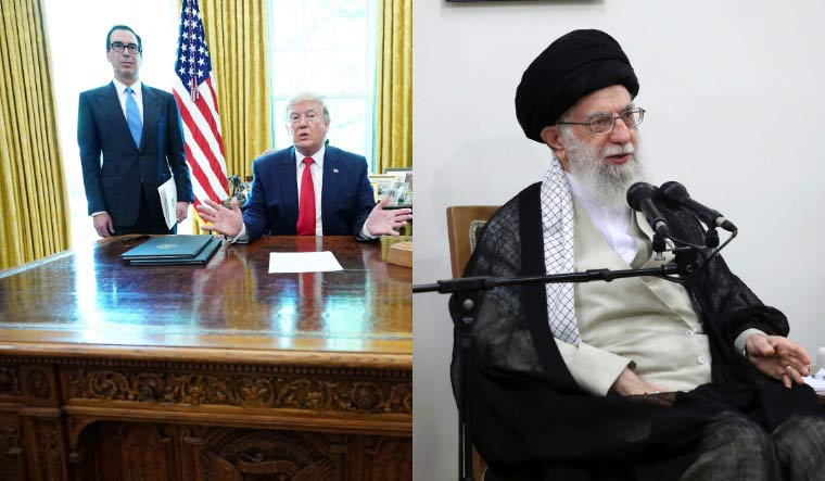 A collage showing US President Donald Trump signing an order imposing fresh sanctions on Iran (AFP) and Iran's Supreme Leader Ayatollah Ali Khamenei (AP)