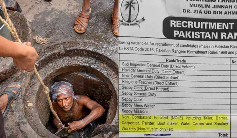 Collage showing a man cleaning a drain (PTI) and a Pakistan Rangers advertisement from August 2018 specifying non-Muslims for posts of sanitary workers (via Twitter)