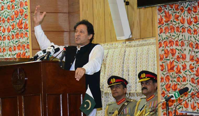 Imran Khan delivering the independence day address to the AJK Legislative Assembly | AP