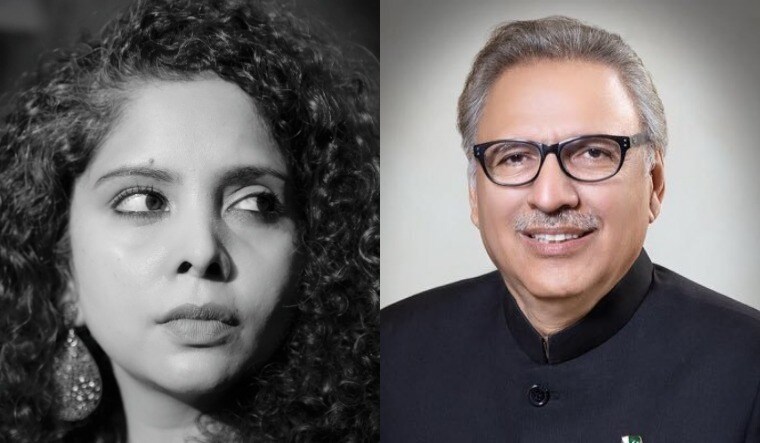 A collage of Rana Ayyub and Pakistan President Arif Alvi (right) | Official Twitter handles