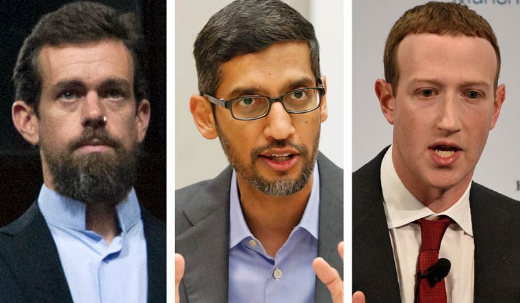 L-R: Twitter CEO Jack Dorsey, Google CEO Sundar Pichai, Facebook CEO Mark Zuckerberg | AP