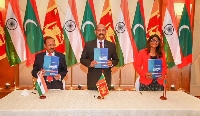 NSA Ajit Doval, Sri Lankan Defence Secretary Major General (Retd) Kamal Gunaratne and Maldives Foreign Minister Mariya Didi during signing of minutes after a trilateral meeting on maritime security cooperation between the nations | PTI