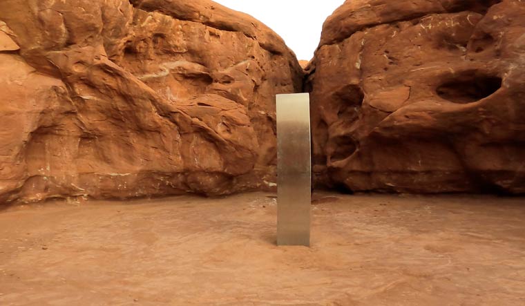 A metal monolith is seen in Red Rock Desert, Utah, U.S., November 25, 2020, in this still image obtained from a social media video | @davidsurber_ via REUTERS 
