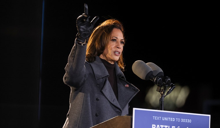 Kamala Harris gestures as she gives remarks during an event, in Philadelphia | Reuters