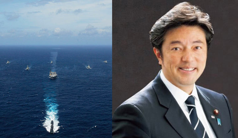 Collage: Vessels of the Quad nations during the 2020 exercise, Japanese Deputy Defence Minister Yasuhide Nakayama | Commons, Twitter, 