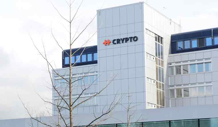 The logo of Crypto AG is seen at its headquarters in Steinhausen, Switzerland | Reuters
