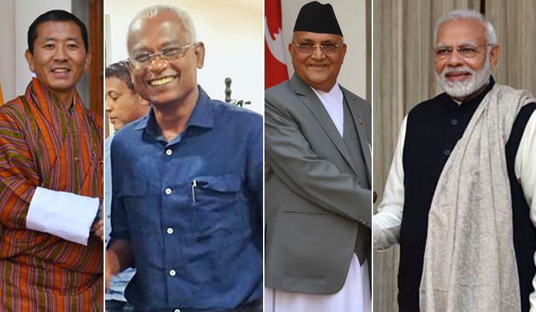 (From left) Bhutam Prime Minister Lotay Tshering, Maldives President Ibrahim Mohamed Solih, Nepal Prime Minister K.P. Sharma Oli and Modi | Photo credits: Arvind Jain, Facebook, PTI