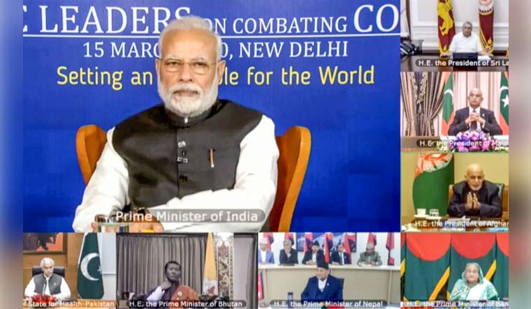 Prime Minister Narendra Modi during a video conference with South Asian Association for Regional Cooperation (SAARC) leaders on chalking out a plan to combat the COVID-19 Novel Coronavirus, in New Delhi | PTI Photo/BJP YouTube