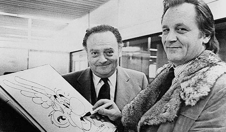 [File] Asterix co-creators writer Rene Goscinny (left) and artist Albert Uderzo (right) with their famous character 