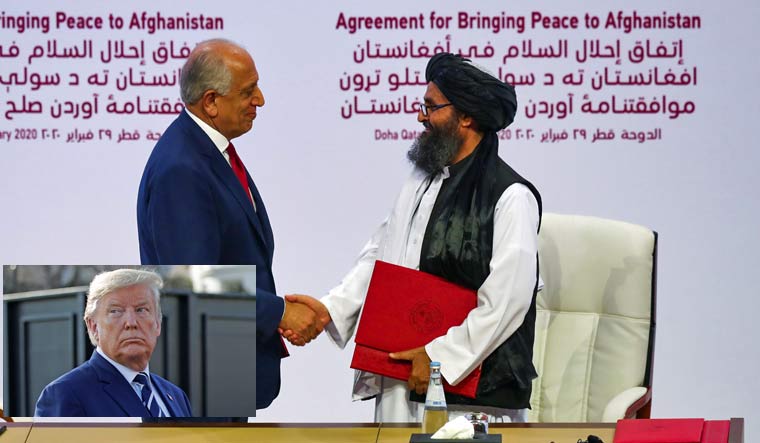 File: Mullah Abdul Ghani Baradar, the leader of the Taliban delegation, and Zalmay Khalilzad, US envoy for peace in Afghanistan, shake hands after signing an agreement at a ceremony between members of Afghanistan's Taliban and the US in Doha, Qatar | Reuters; President Donald Trump | Reuters