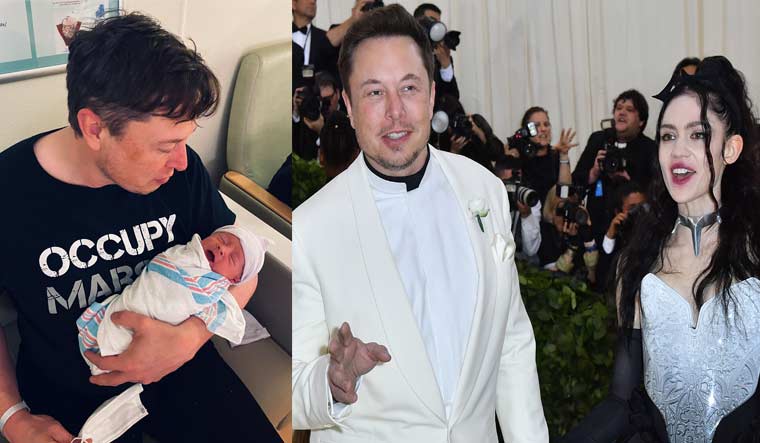 (L) Elon Musk is seen holding the newborn in a picture he shared on Twitter; (R) A file photo of Musk and Grimes | AFP