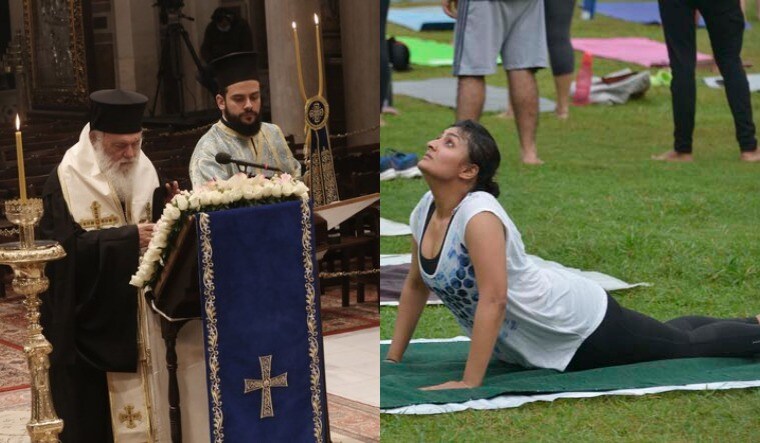 Representational image of a Greek Orthodox Church setting (Facebook account of Church of Greece) and a yoga step (Arvind Jain)