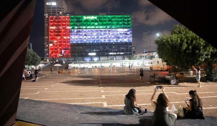 [File] The Tel Aviv City Hall is lit up with the flag of the United Arab Emirates as Israel and the UAE announced they would be establishing full diplomatic ties, in Tel Aviv, Israel | AP