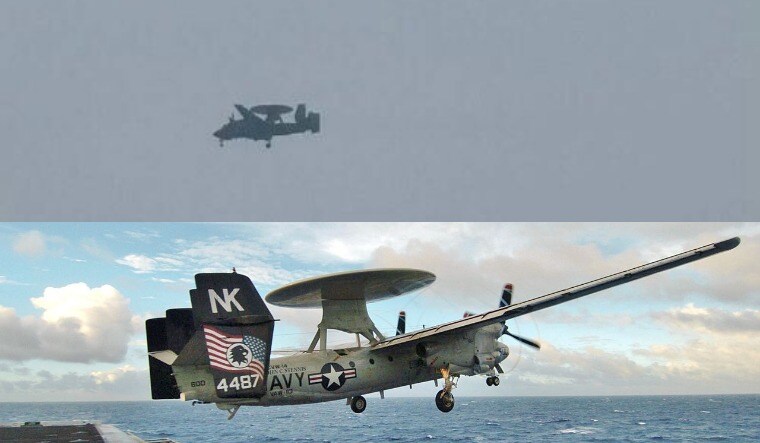 A collage showing the purported first flight of the KJ-600 on top (via Twitter) and a E-2 Hawkeye taking off from a US aircraft carrier (US Navy via Wikipedia)