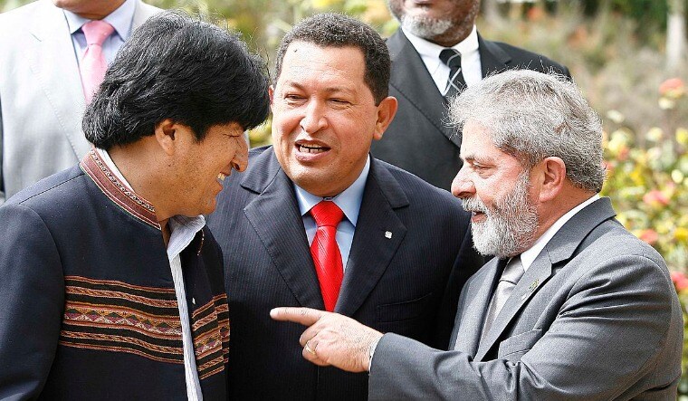 Evo Morales (left), Hugo Chavez (centre) and Luiz Inácio ‘Lula’ da Silva in 2007 | Via Wikipedia Commons