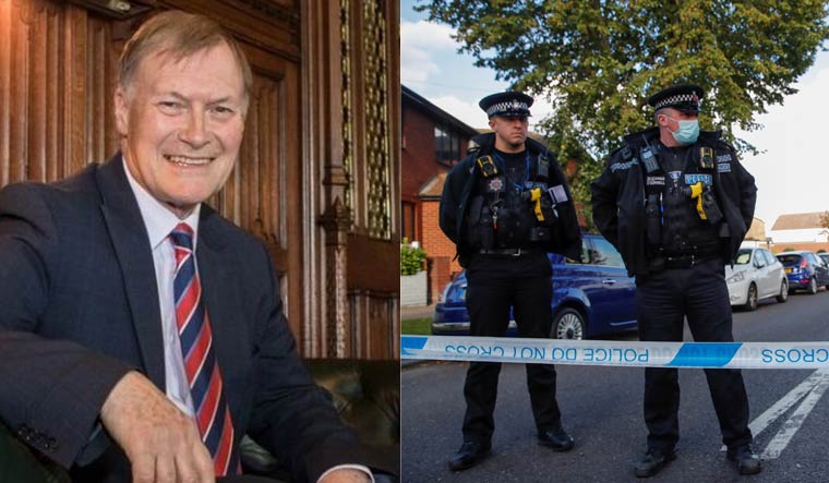 Collage: Conservative MP David Amess, police standing at the site where he was stabbed to death | Twitter, Reuters