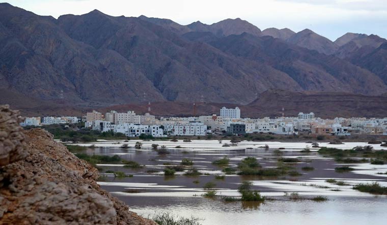 A general view shows Ansab Dam amid cyclone Shaheen in Oman's capital Muscat on October 3, 2021 | AFP